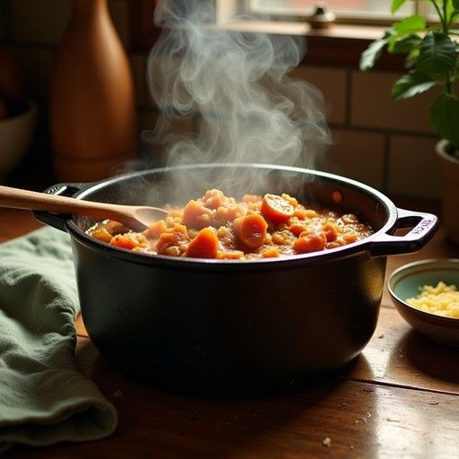 Ångande gryta med mustig kött- och grönsaksgryta på bordet